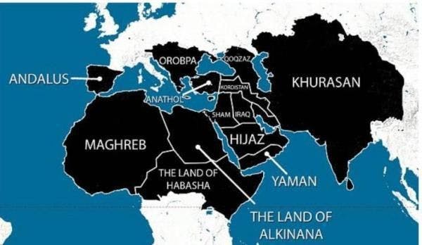 Cette carte, tirée du livre de Andrew Hosken, montre l'Europe, l'Afrique et le Moyen-Orient tels que les rêvent les terroristes de l'État Islamique.