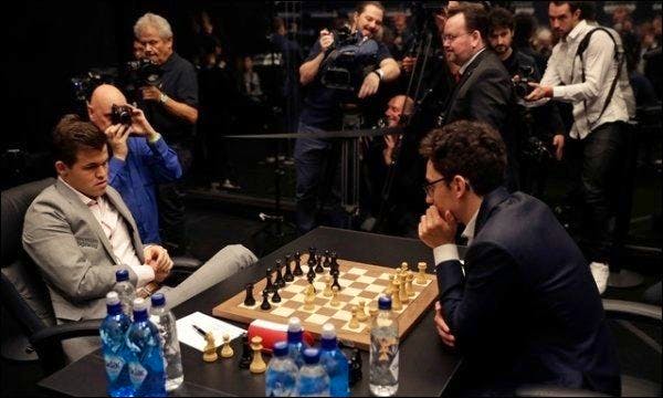 Hier hat noch keiner gewonnen: Magnus Carlsen, (links) und Fabiano Caruana.