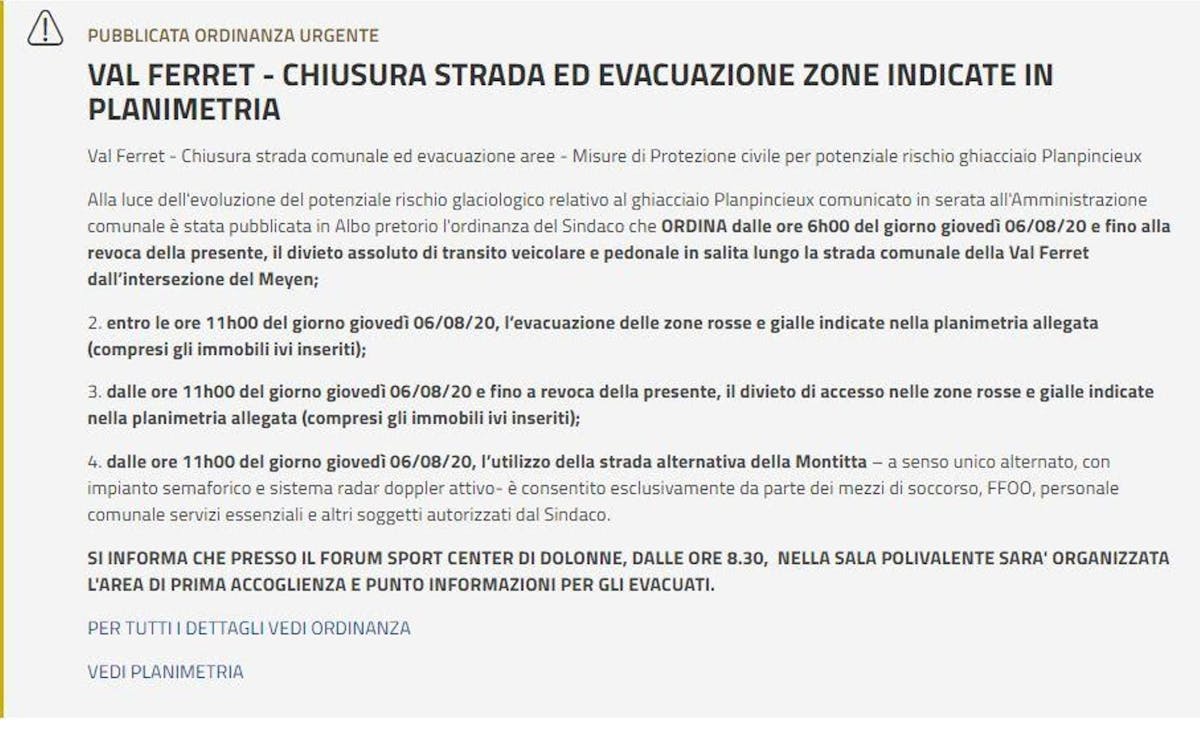 Mit diesem Informationsschreiben warnen die italienischen Behörden vor dem drohenden Gletschersturz.