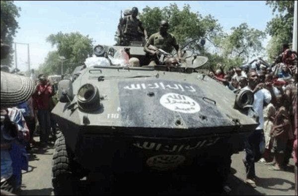 Le véhicule de combat d'infanterie léger Piranha I 6x6 exhibé par Boko Haram comme prise de guerre.