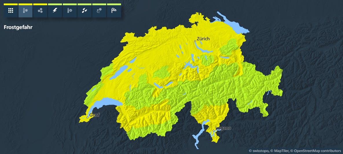 In grossen Teilen der Schweiz (hellgrün) wird Bodenfrost erwartet.