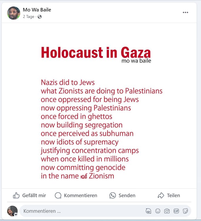 Mohamed Wa Baile fällt auf Facebook mit Nazi-Vergleichen auf.